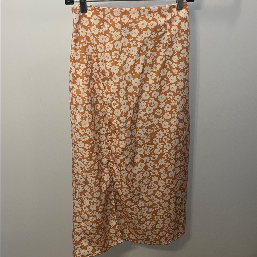 Floral Midi Skirt in Orange and White with a slit